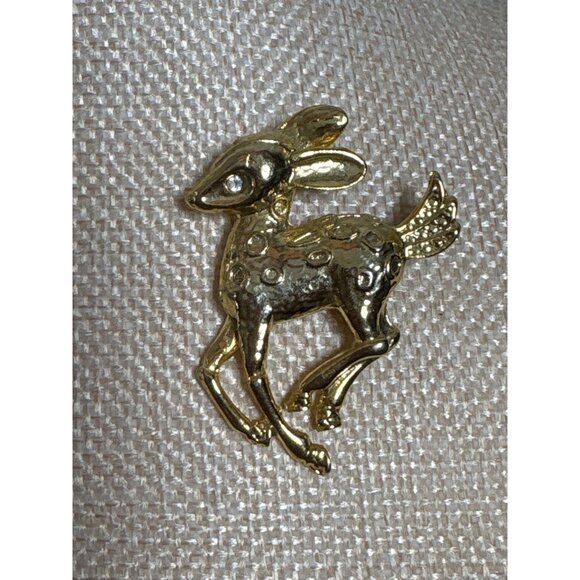 Deer Brooch Pin Animal Jewelry Vintage Gold Tone Bambi Fawn Rhinestone 1.5" - Picture 2 of 7